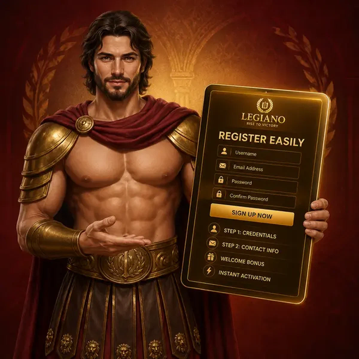 Player creating account at golden Legiano registration tablet with welcome form