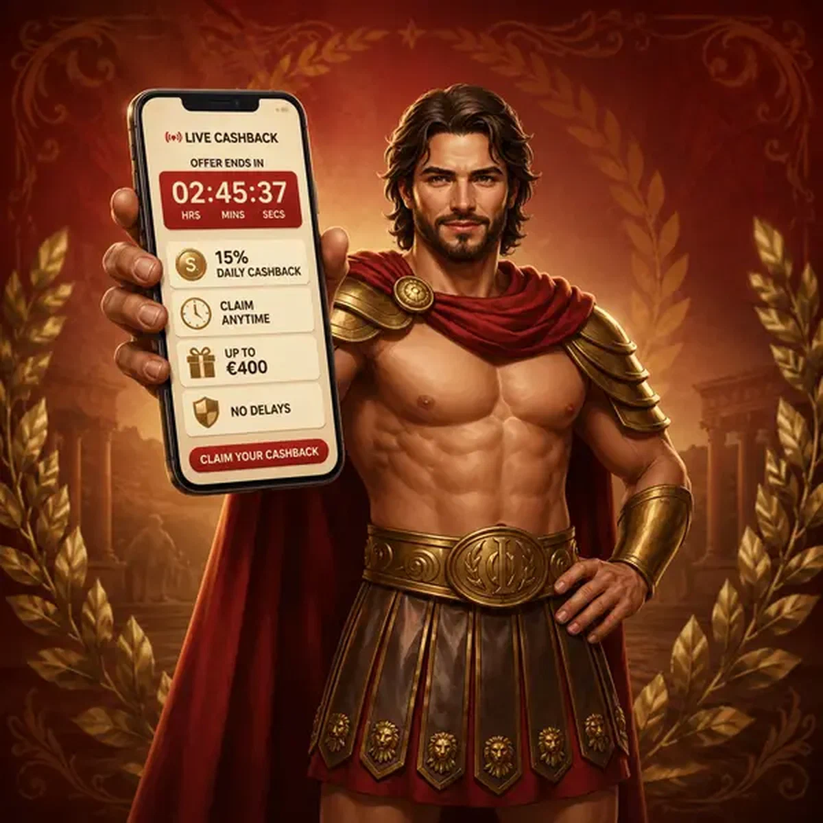 Legiano champion showcasing mobile app cashback timer at triumphant gaming portal