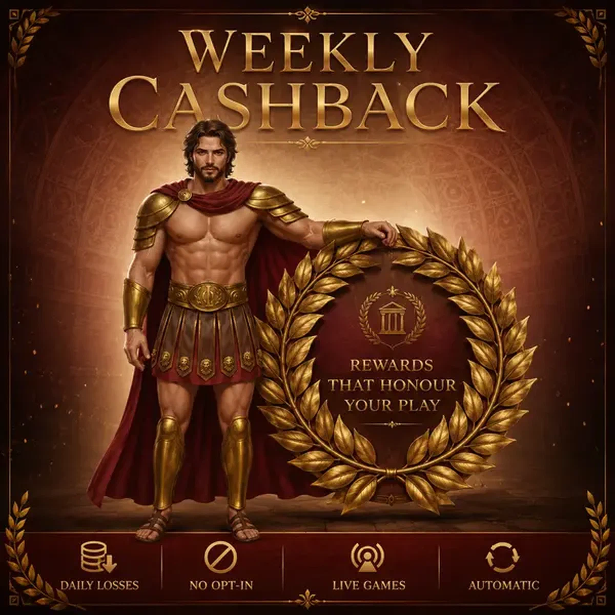 Laurel-crowned champion stands proudly beside weekly cashback rewards at login portal