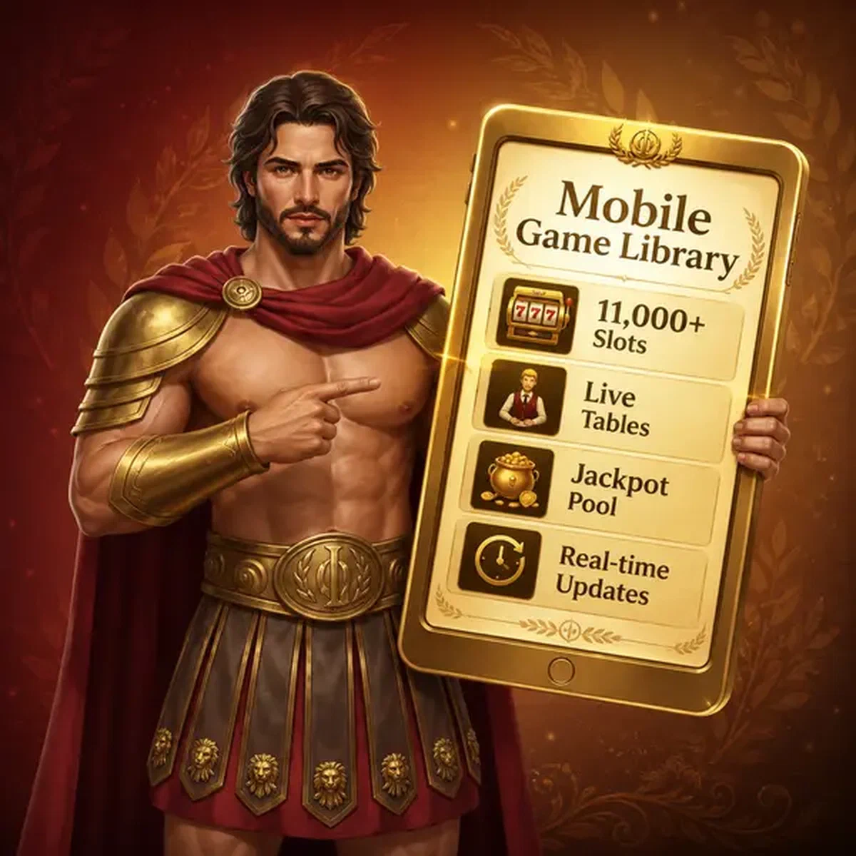 Legiano showcasing the mobile app game library with thousands of slots at his fingertips