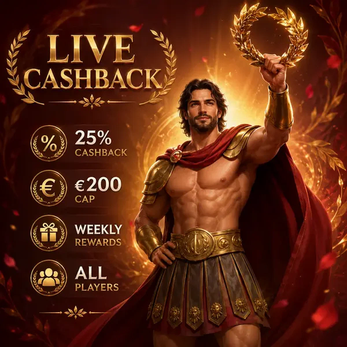 Legiano Laureate celebrating live casino victories with golden laurel wreath at Live Cashback