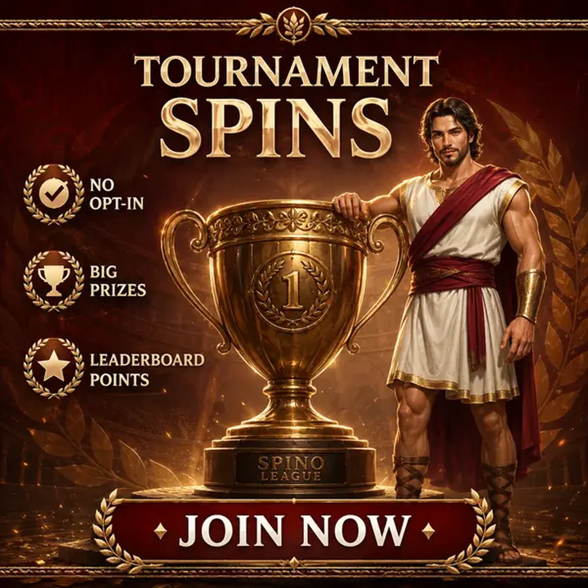 Legiano Laureate proudly holding tournament trophy at SpinoLeague free spins competition arena