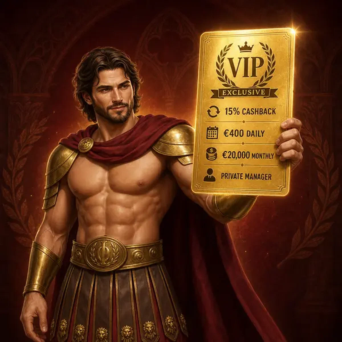 VIP Exclusive promo code gleaming on golden card at Legiano Casino rewards hall