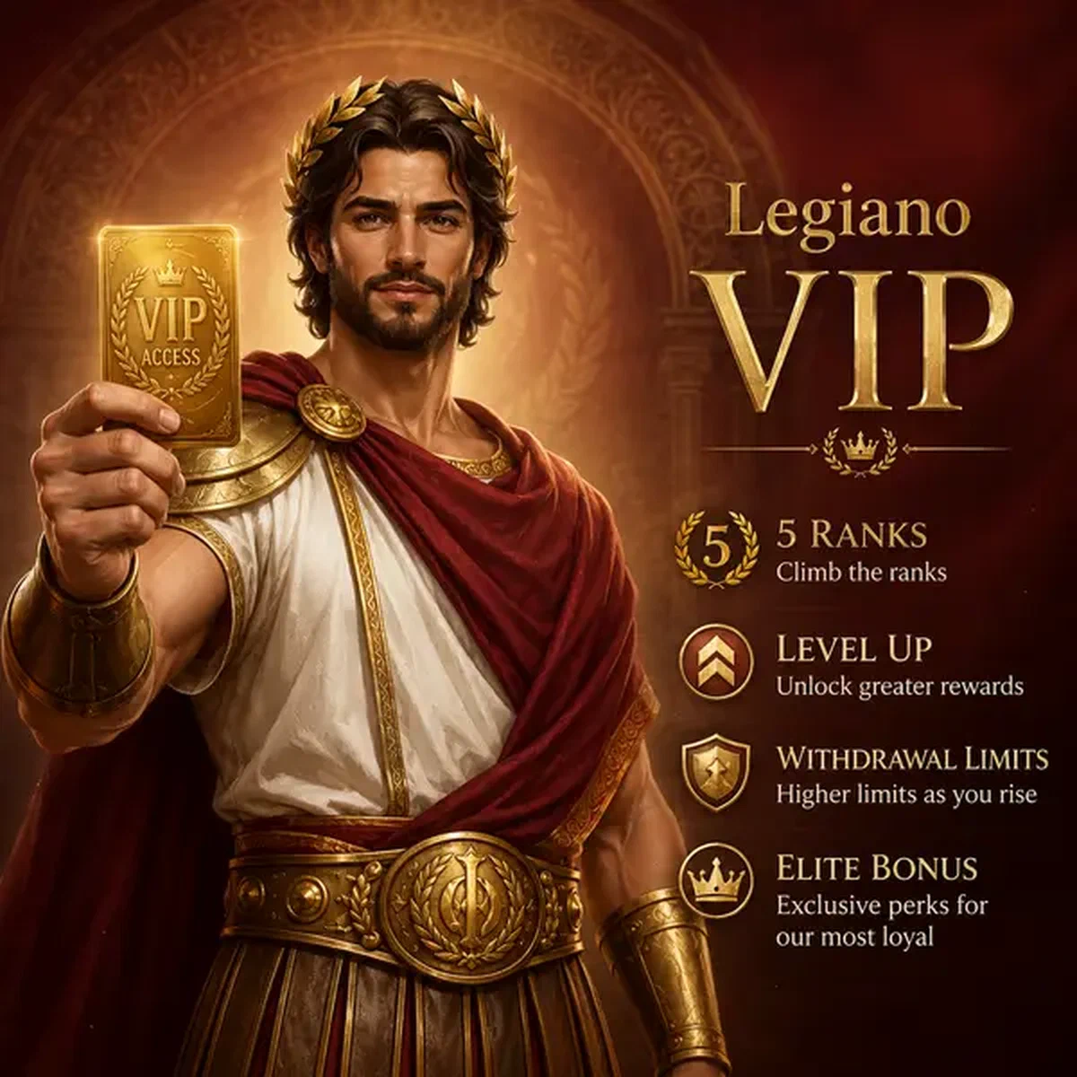 Legiano VIP player holding golden loyalty card showcasing 5 ranks and elite bonus rewards