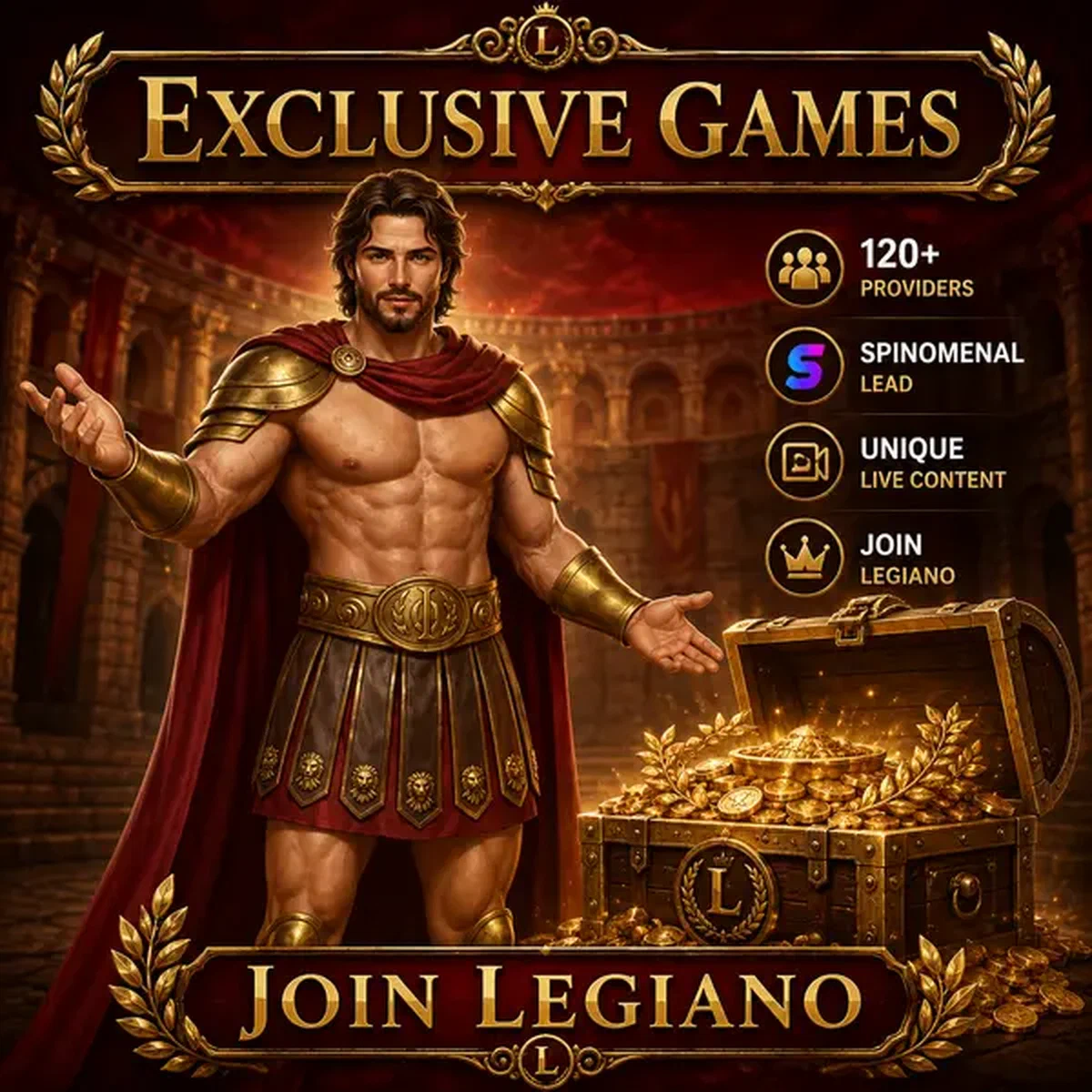 VIP player beside treasure chest overflowing with exclusive games from Legiano Software Providers